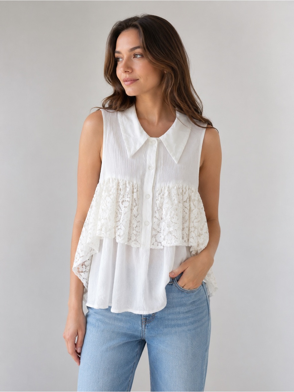 entro Ivory Sleeveless Lace-Trim Collared Blouse off the shoulder size small